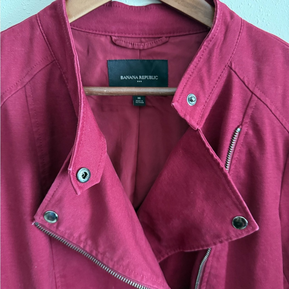 Banana Republic Moto Jacket Red Wine Cotton Biker Zip Jacket Women M - Picture 6 of 7